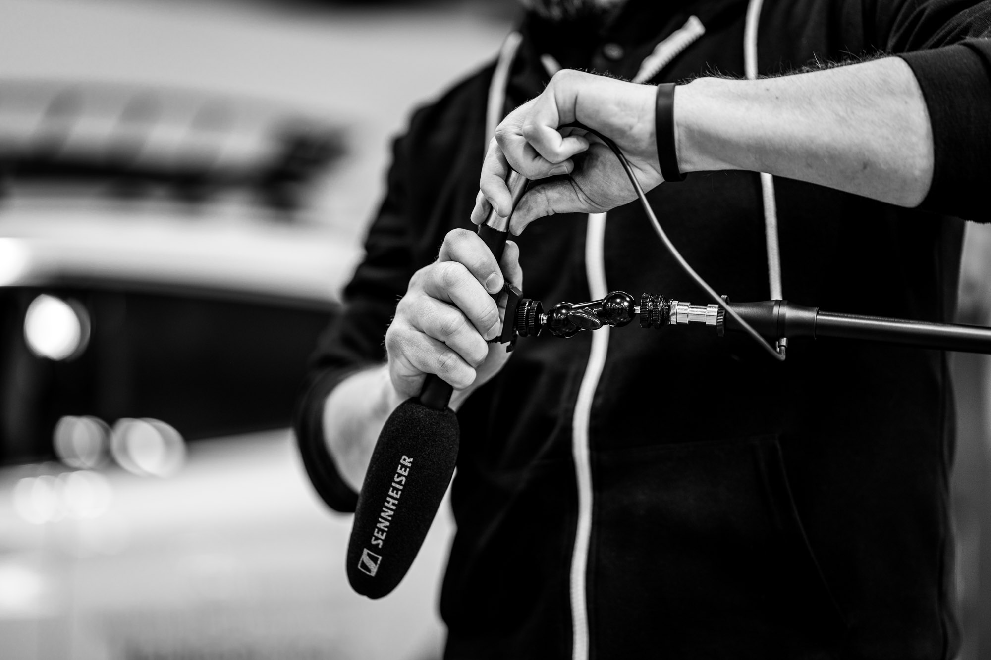 Close up of professional microphone for use in video production.