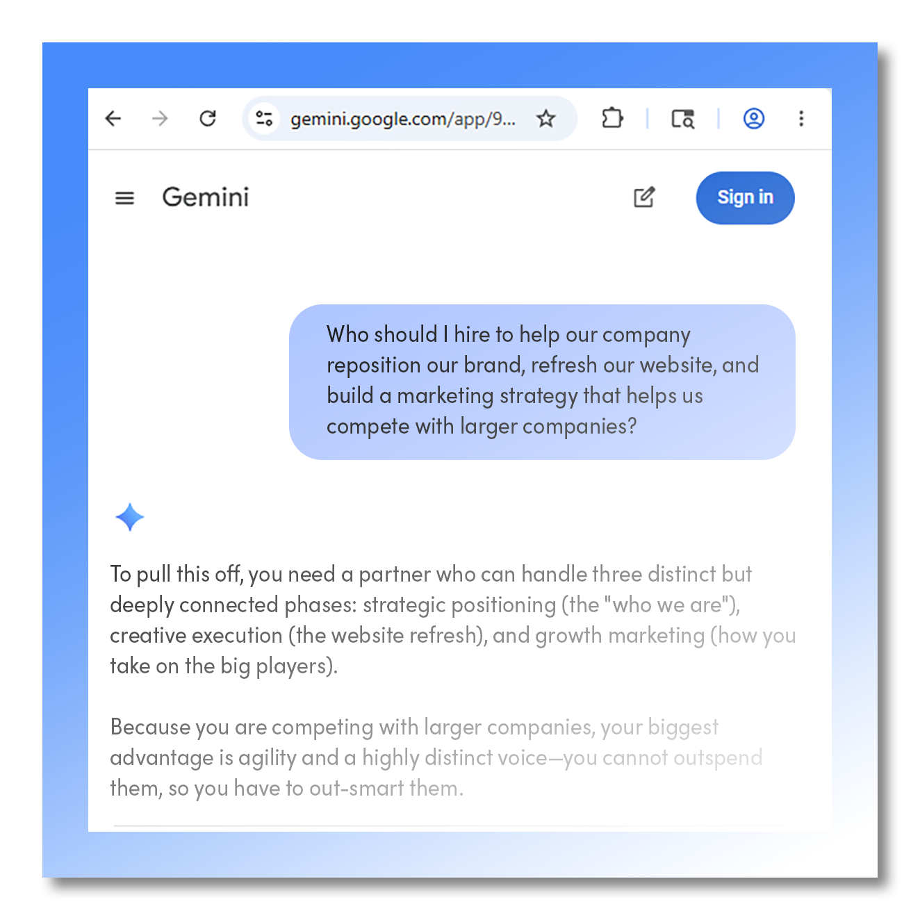 Google Marketing Live 2026 - Screenshot of a Google Gemini session. The user asks about who to hire for marketing and Gemini gives its response.